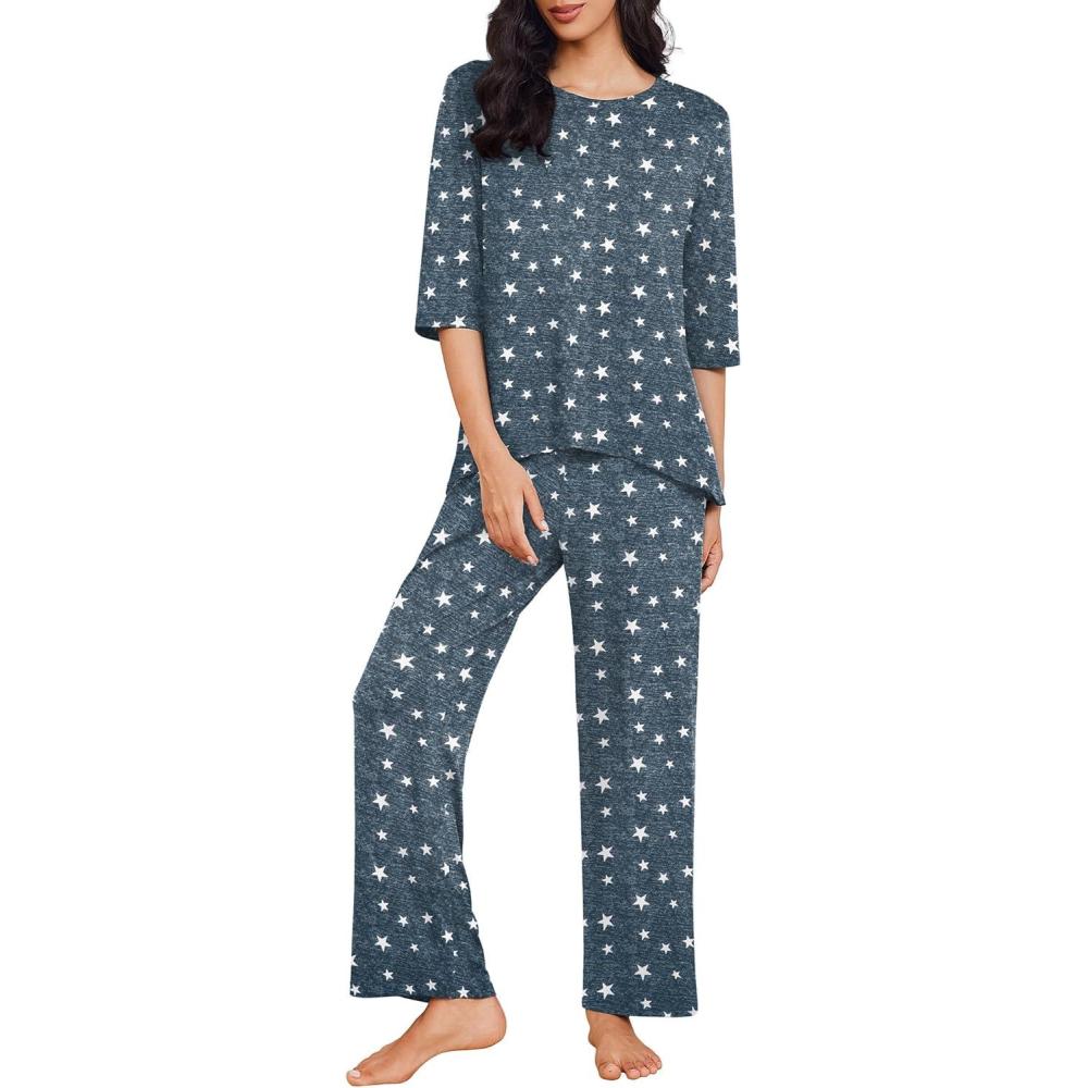 imageEkouaer Womens Lounge Sets 2 Piece Pajamas Sets 34 Sleeve Tops and Long Pants Soft Pjs Loungewear with PocketsDark Grey Star