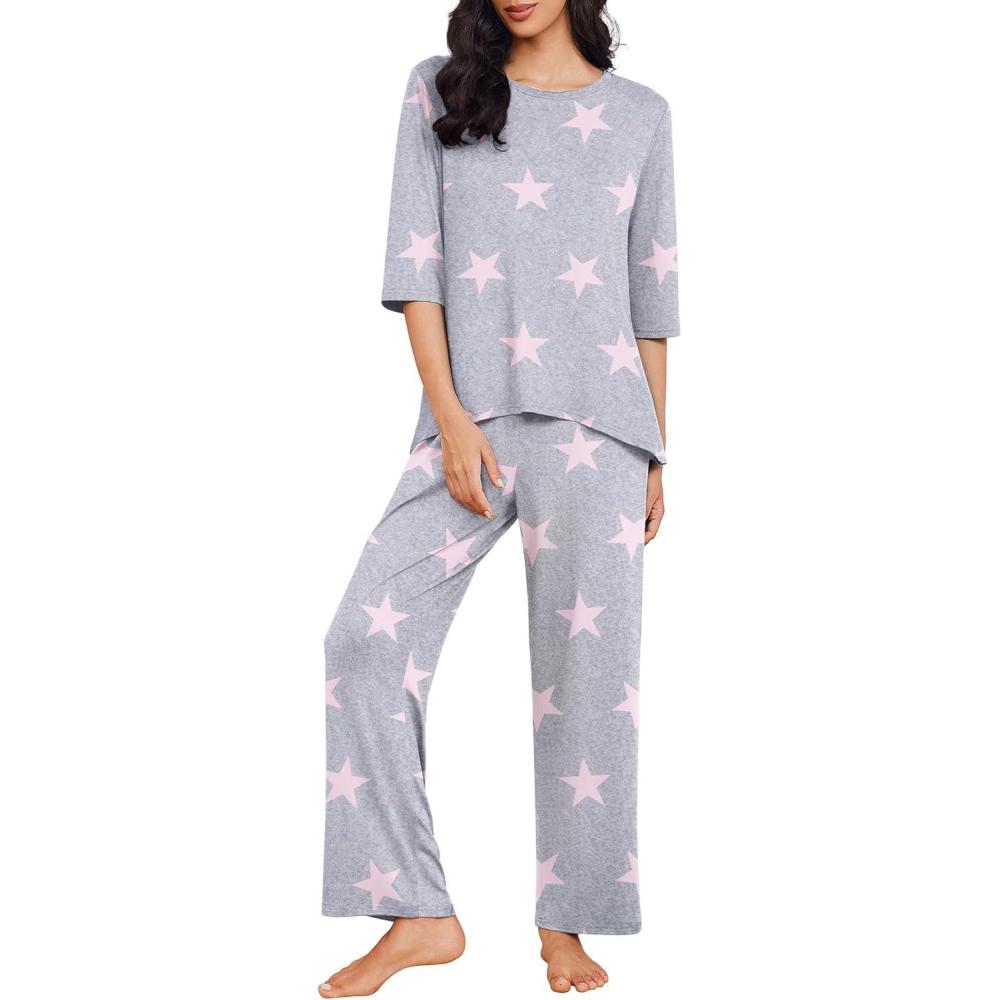 imageEkouaer Womens Lounge Sets 2 Piece Pajamas Sets 34 Sleeve Tops and Long Pants Soft Pjs Loungewear with PocketsGrey Star