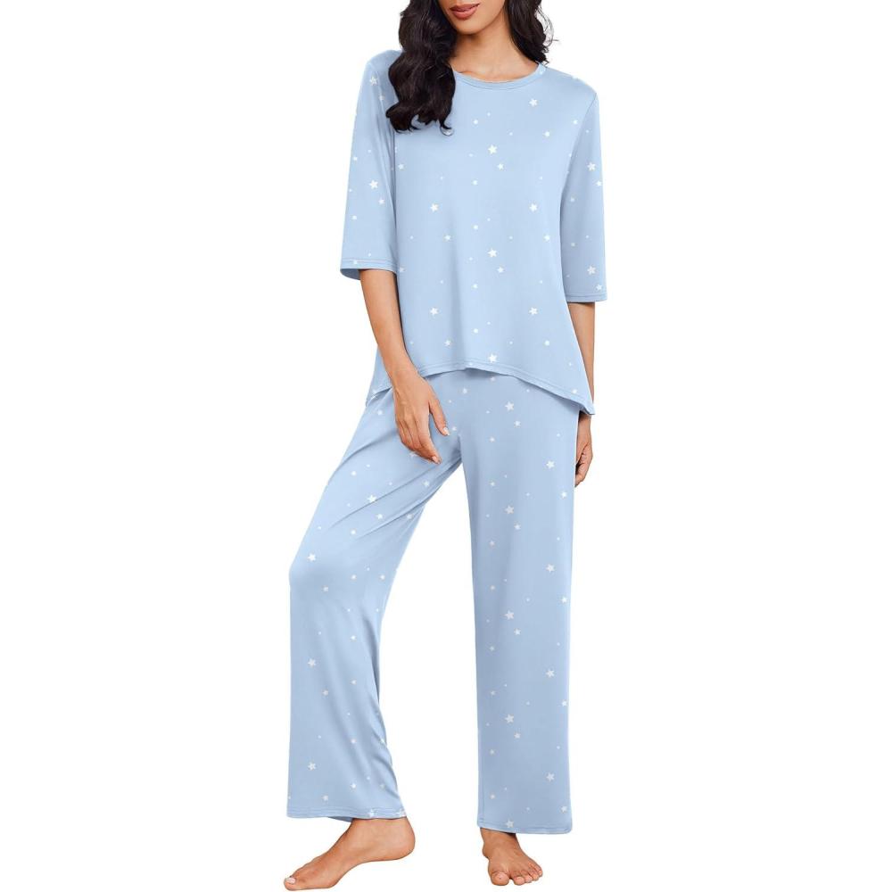 imageEkouaer Womens Lounge Sets 2 Piece Pajamas Sets 34 Sleeve Tops and Long Pants Soft Pjs Loungewear with PocketsLight Blue Star