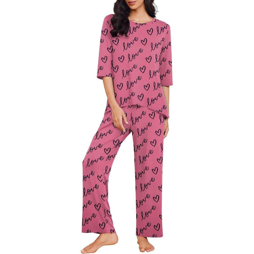 imageEkouaer Womens Lounge Sets 2 Piece Pajamas Sets 34 Sleeve Tops and Long Pants Soft Pjs Loungewear with PocketsLove Print