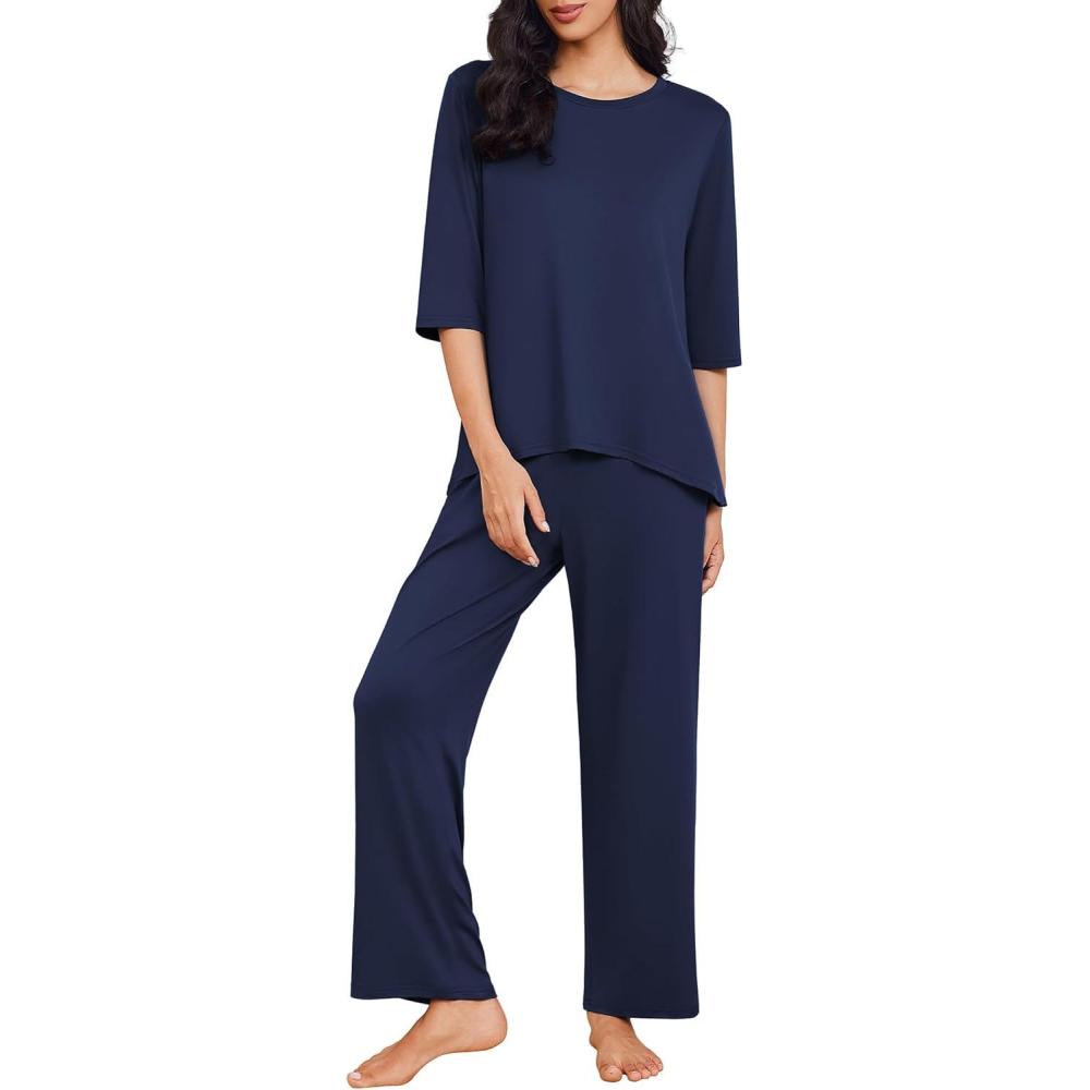 imageEkouaer Womens Lounge Sets 2 Piece Pajamas Sets 34 Sleeve Tops and Long Pants Soft Pjs Loungewear with PocketsNavy Blue