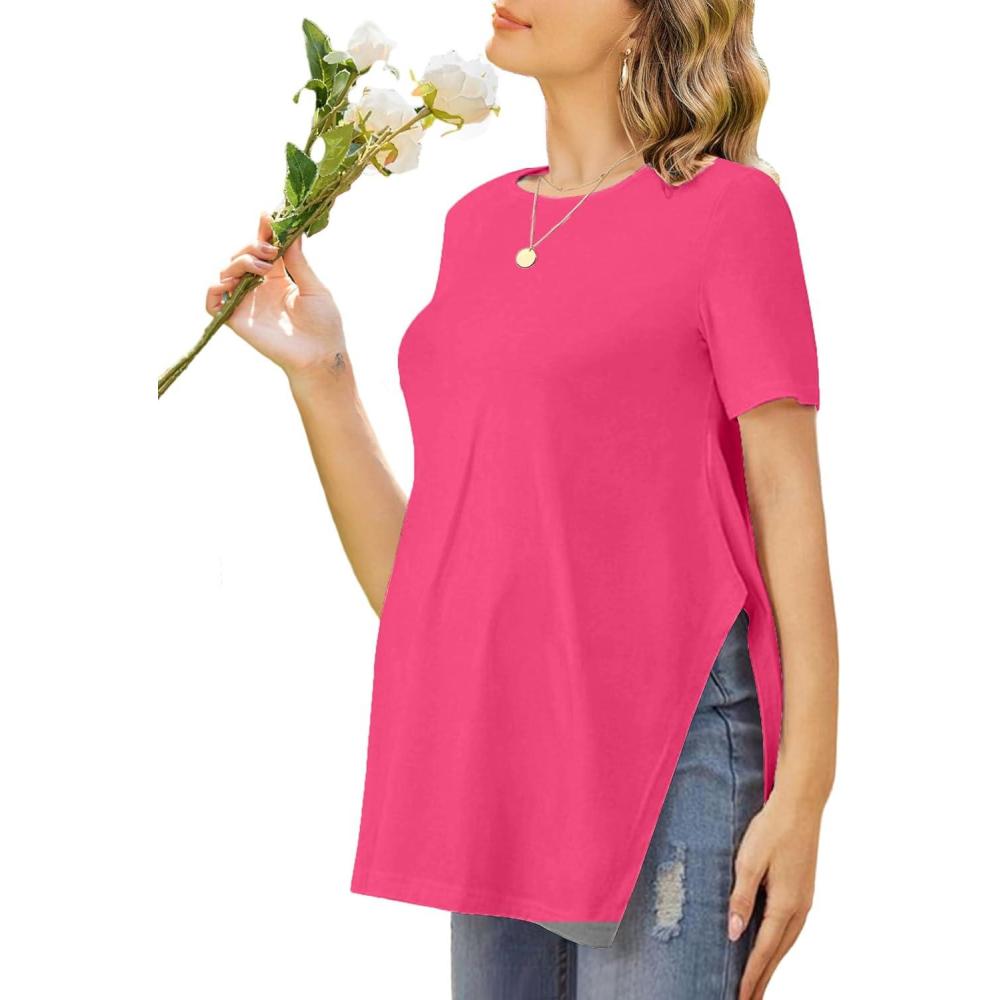imageEkouaer Womens Maternity Shirts Short Sleeve Pregnancy Tops Blouses Split Side Casual Crewneck Pregnant Tunic TeeHot Pink