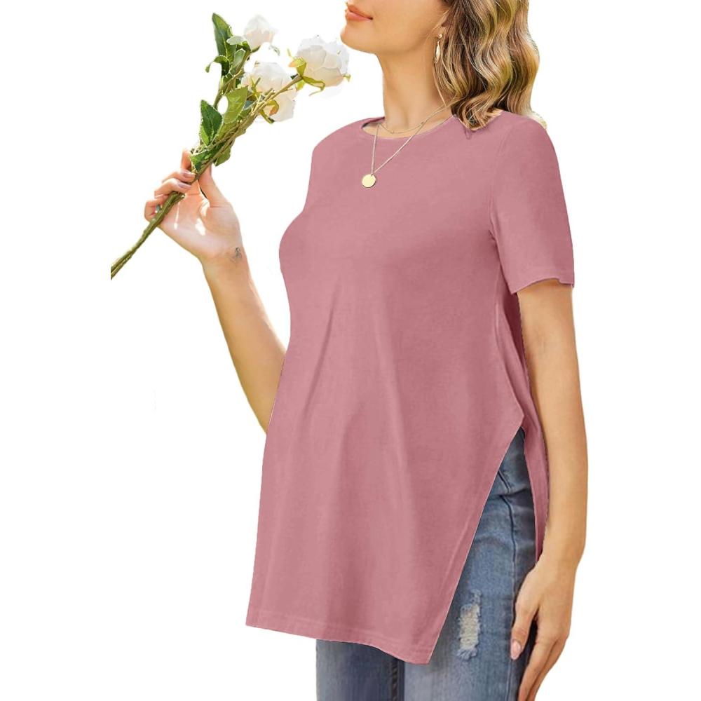 imageEkouaer Womens Maternity Shirts Short Sleeve Pregnancy Tops Blouses Split Side Casual Crewneck Pregnant Tunic TeeRed Purple