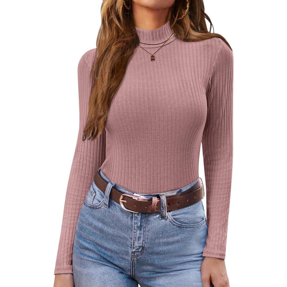 imageEkouaer Womens Mock Turtleneck Long Sleeve Shirts Ribbed Knit Lightweight Pullover Sweater Stretch Fitted Thermal TopDusty Pink