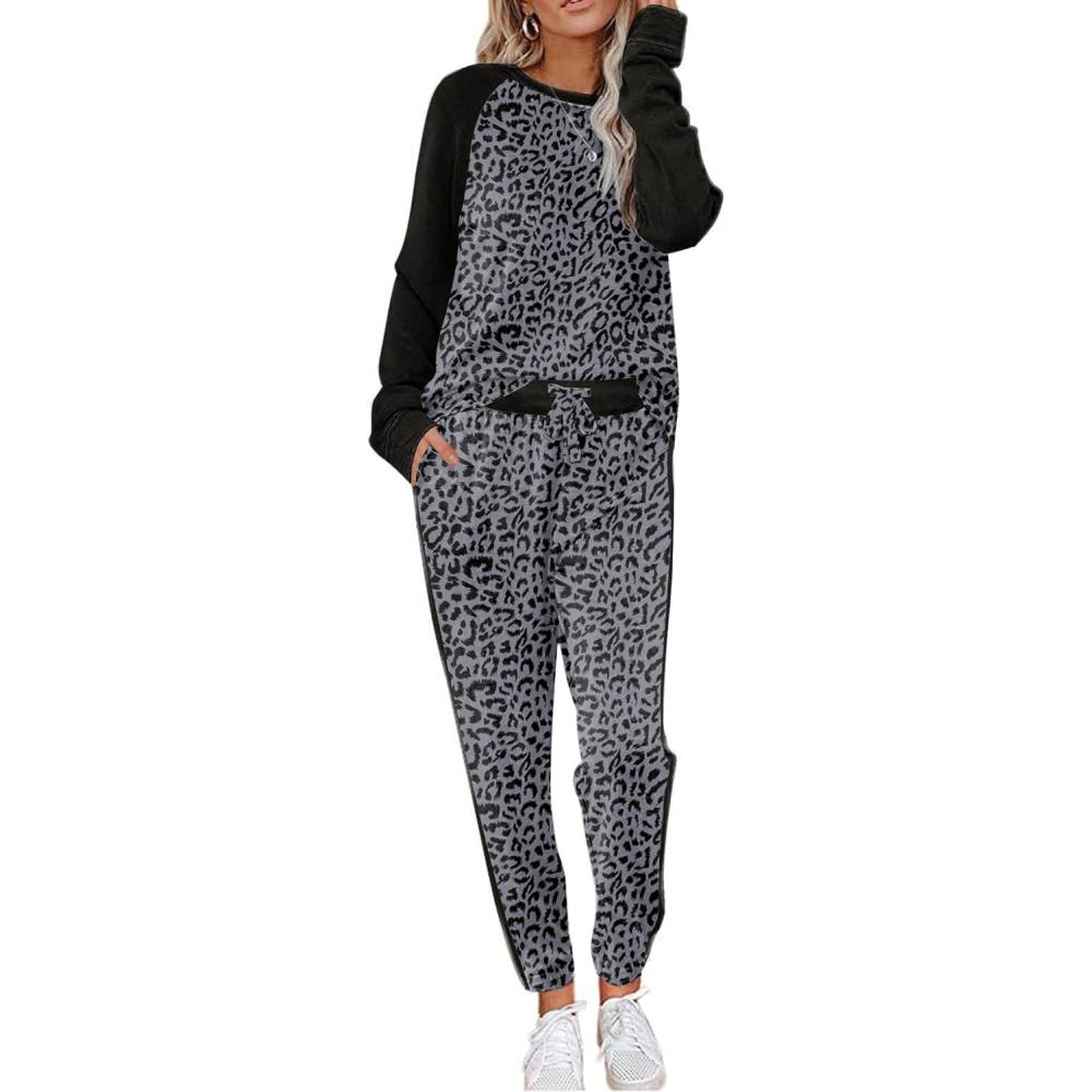 imageEkouaer Womens Pajama Set Long Sleeve PJs 2 Piece Lounge Set Pullover Sleepwear Sweatshirt and Long Pants With PocketsBlack Leopard