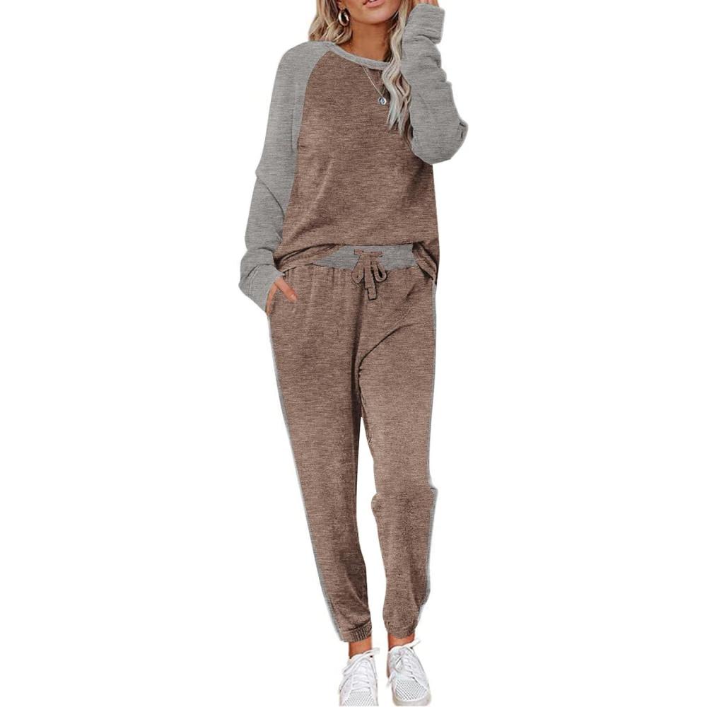 imageEkouaer Womens Pajama Set Long Sleeve PJs 2 Piece Lounge Set Pullover Sleepwear Sweatshirt and Long Pants With PocketsBrown