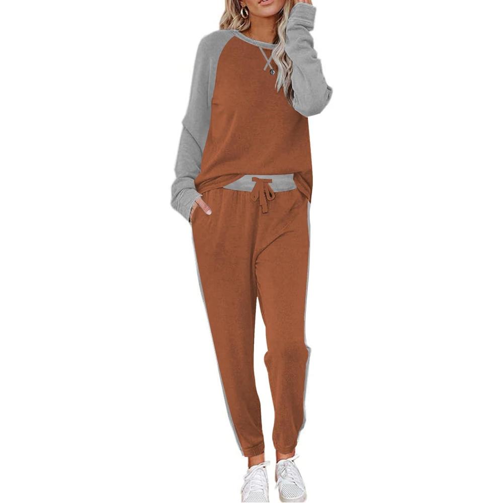 imageEkouaer Womens Pajama Set Long Sleeve PJs 2 Piece Lounge Set Pullover Sleepwear Sweatshirt and Long Pants With PocketsCaramel
