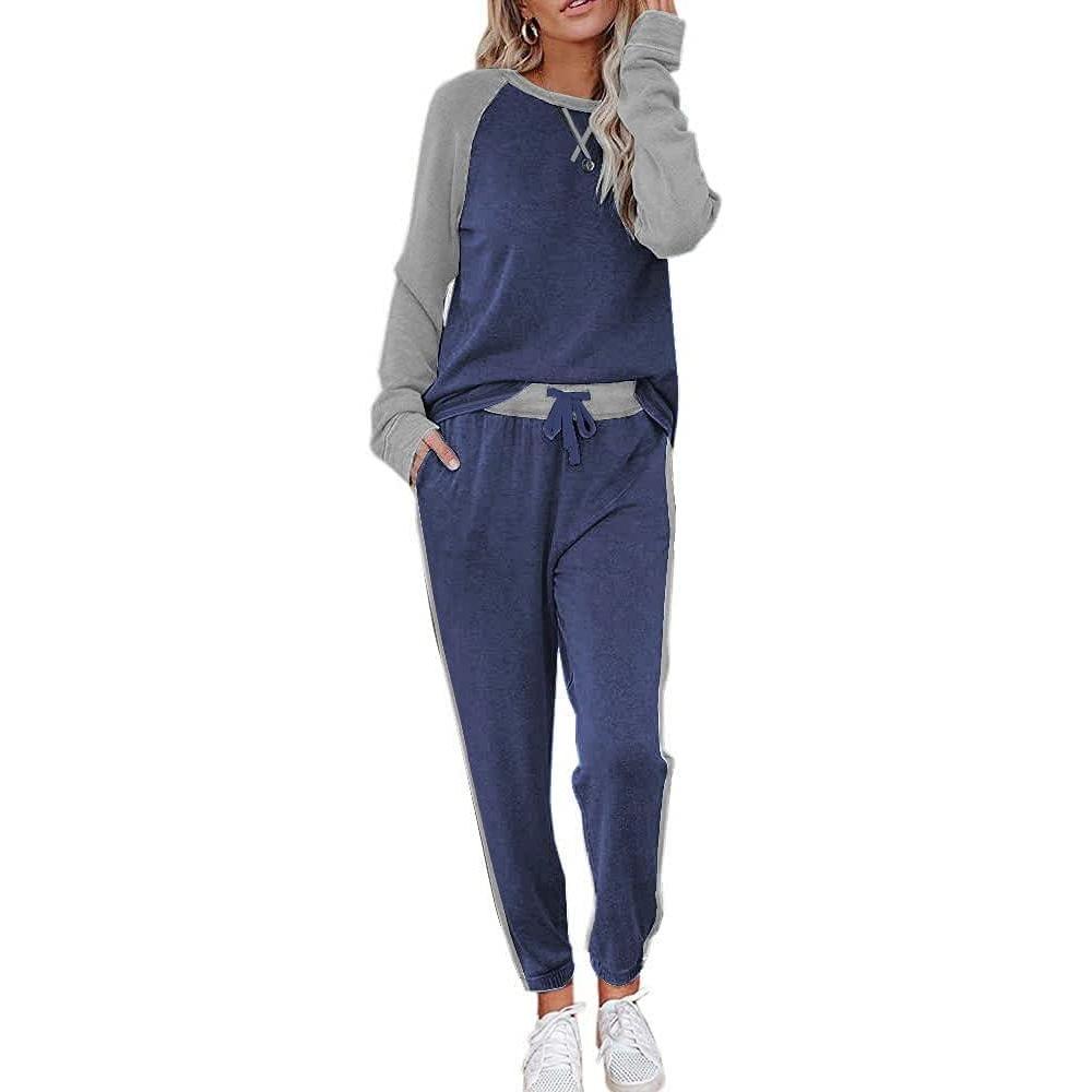 imageEkouaer Womens Pajama Set Long Sleeve PJs 2 Piece Lounge Set Pullover Sleepwear Sweatshirt and Long Pants With PocketsDeep Blue