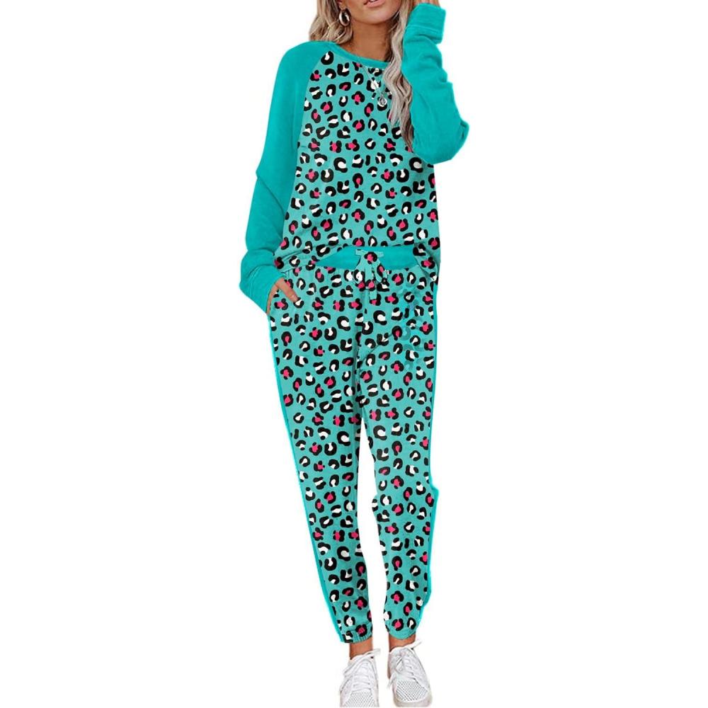 imageEkouaer Womens Pajama Set Long Sleeve PJs 2 Piece Lounge Set Pullover Sleepwear Sweatshirt and Long Pants With PocketsGreen Leopard