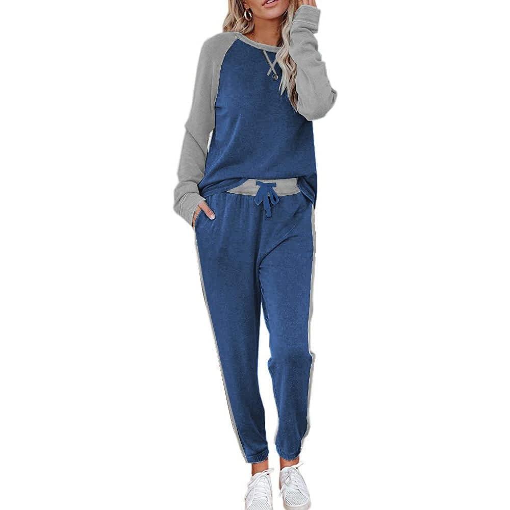 imageEkouaer Womens Pajama Set Long Sleeve PJs 2 Piece Lounge Set Pullover Sleepwear Sweatshirt and Long Pants With PocketsNavy Blue