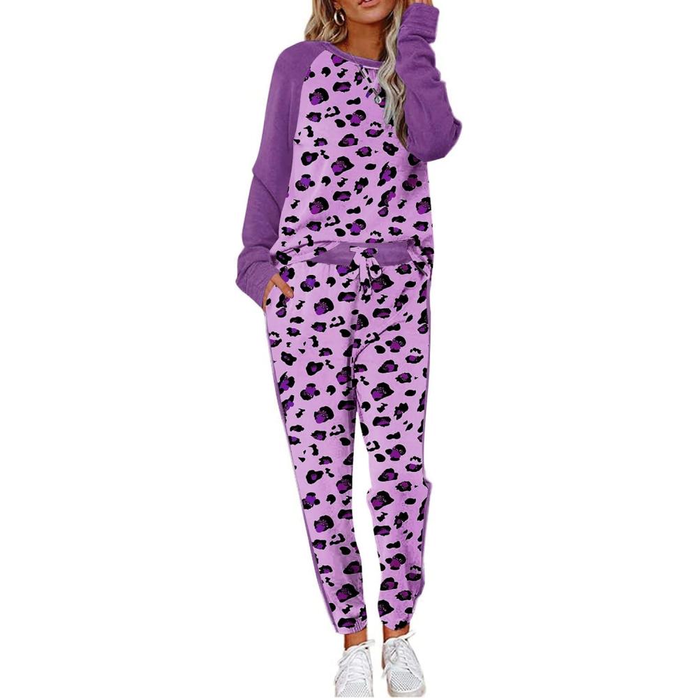 imageEkouaer Womens Pajama Set Long Sleeve PJs 2 Piece Lounge Set Pullover Sleepwear Sweatshirt and Long Pants With PocketsPurple Leopard