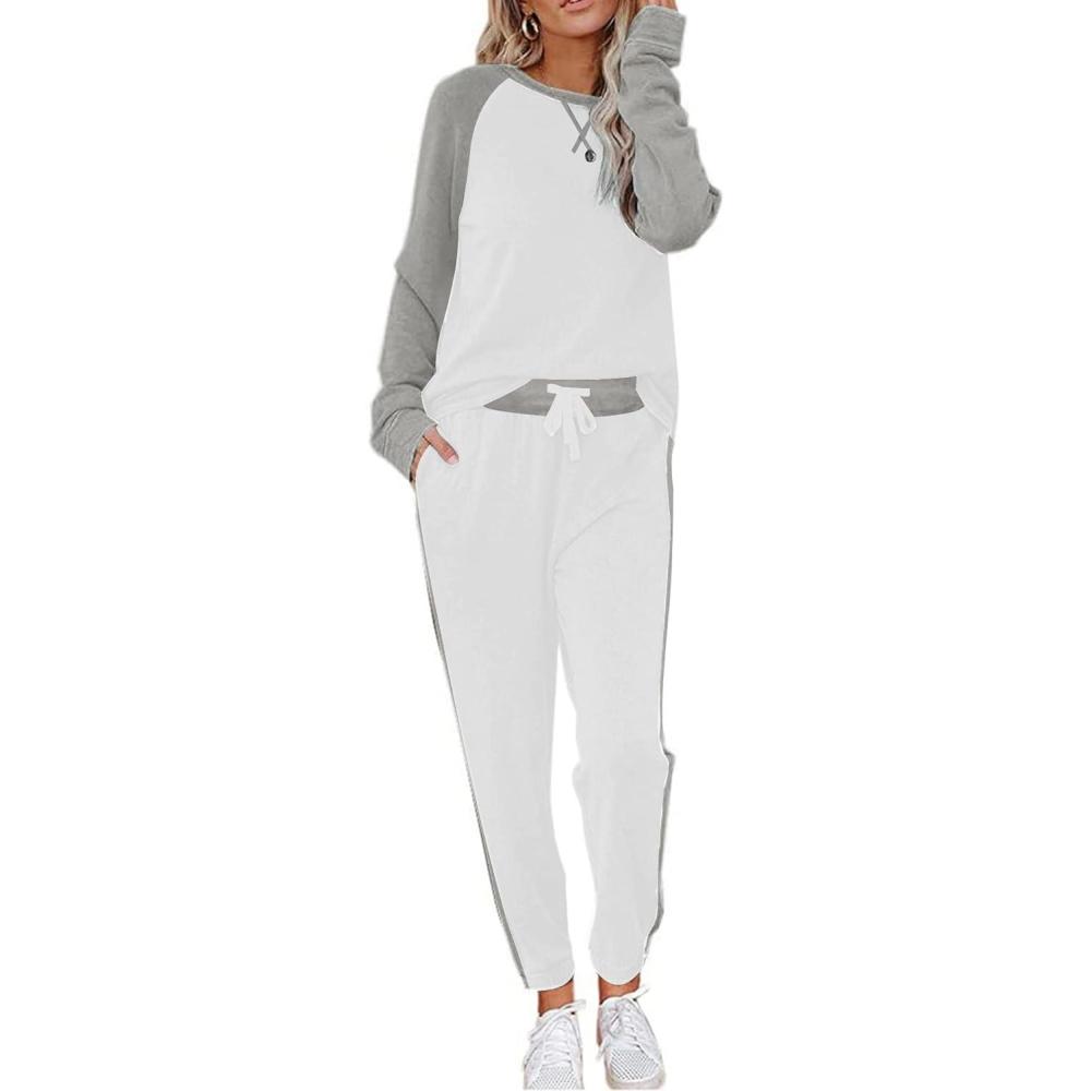 imageEkouaer Womens Pajama Set Long Sleeve PJs 2 Piece Lounge Set Pullover Sleepwear Sweatshirt and Long Pants With PocketsWhite