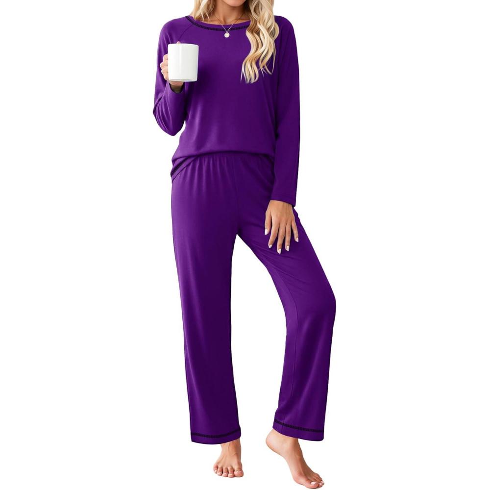 imageEkouaer Womens Pajama Sets Long Sleeve Top and Pant Pjs Sets Soft Sleepwear 2 Piece Lounge Sets with Pockets SXXLDeep Purple