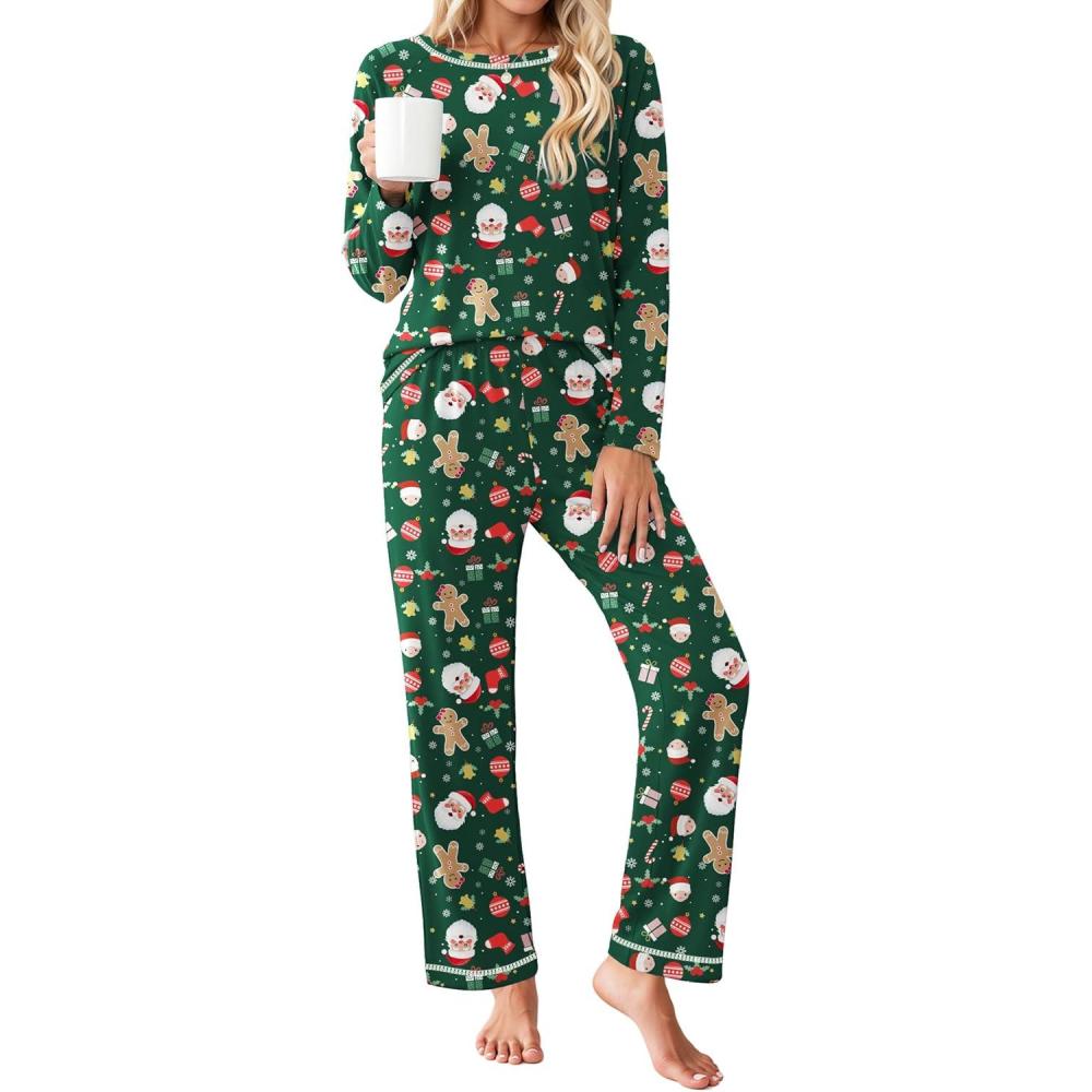 imageEkouaer Womens Pajama Sets Long Sleeve Top and Pant Pjs Sets Soft Sleepwear 2 Piece Lounge Sets with Pockets SXXLGreen Christmas Print