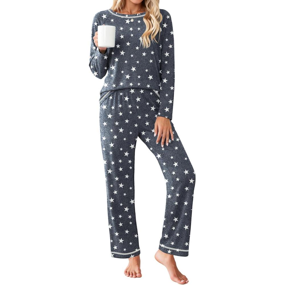 imageEkouaer Womens Pajama Sets Long Sleeve Top and Pant Pjs Sets Soft Sleepwear 2 Piece Lounge Sets with Pockets SXXLGrey Stars