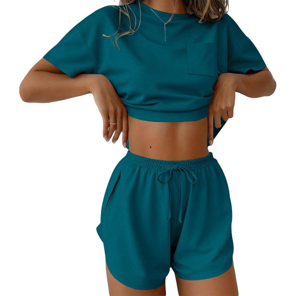 imageEkouaer Womens Pajama Sets Sexy Lounge Sets Side Split Short Pj Sets Cute Pjs 2 Piece Comfy Sleepwear LoungewearBlue Green