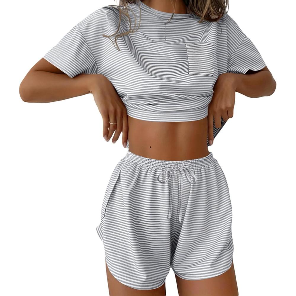 imageEkouaer Womens Pajama Sets Sexy Lounge Sets Side Split Short Pj Sets Cute Pjs 2 Piece Comfy Sleepwear LoungewearGraywhite Stripes