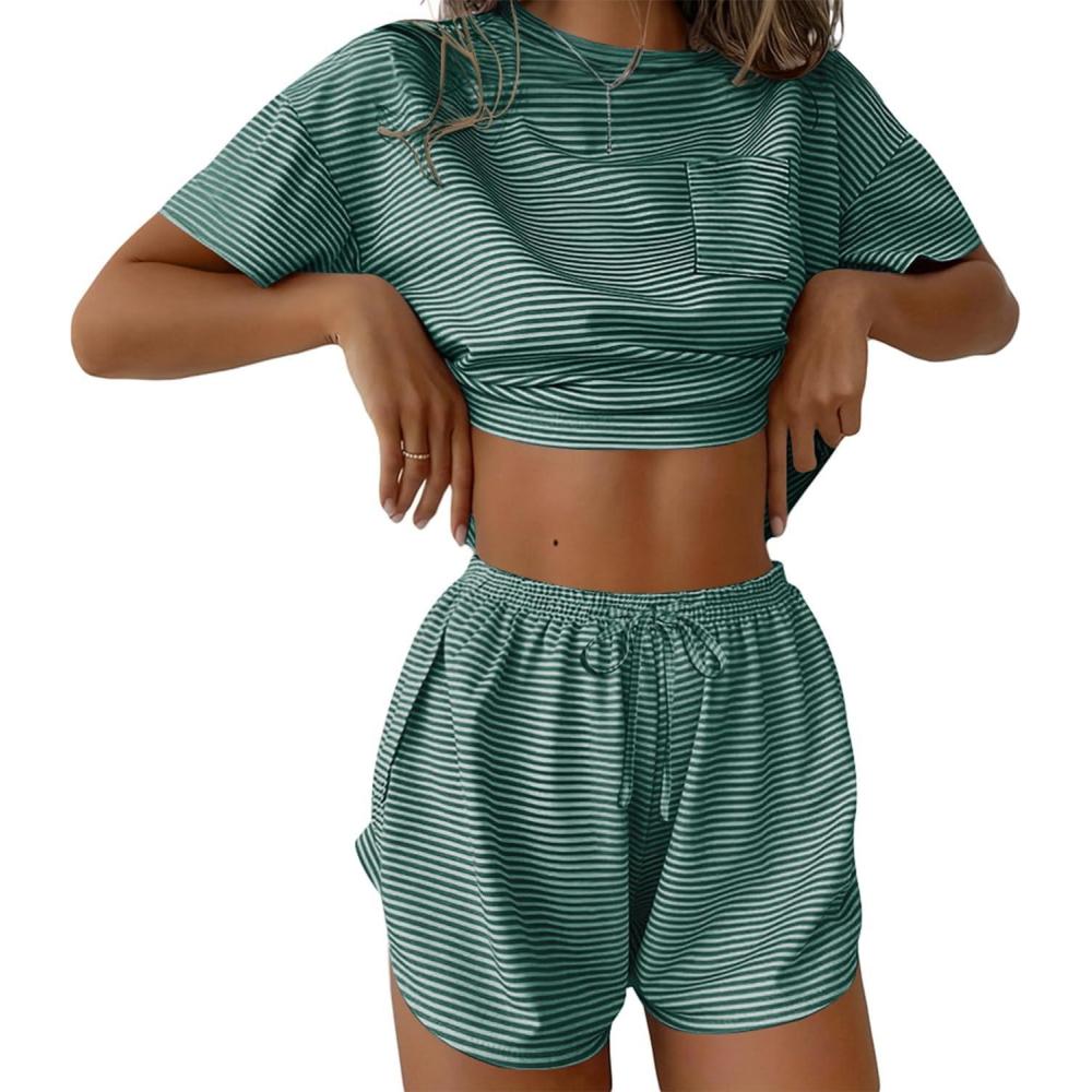 imageEkouaer Womens Pajama Sets Sexy Lounge Sets Side Split Short Pj Sets Cute Pjs 2 Piece Comfy Sleepwear LoungewearGreen and White Stripes