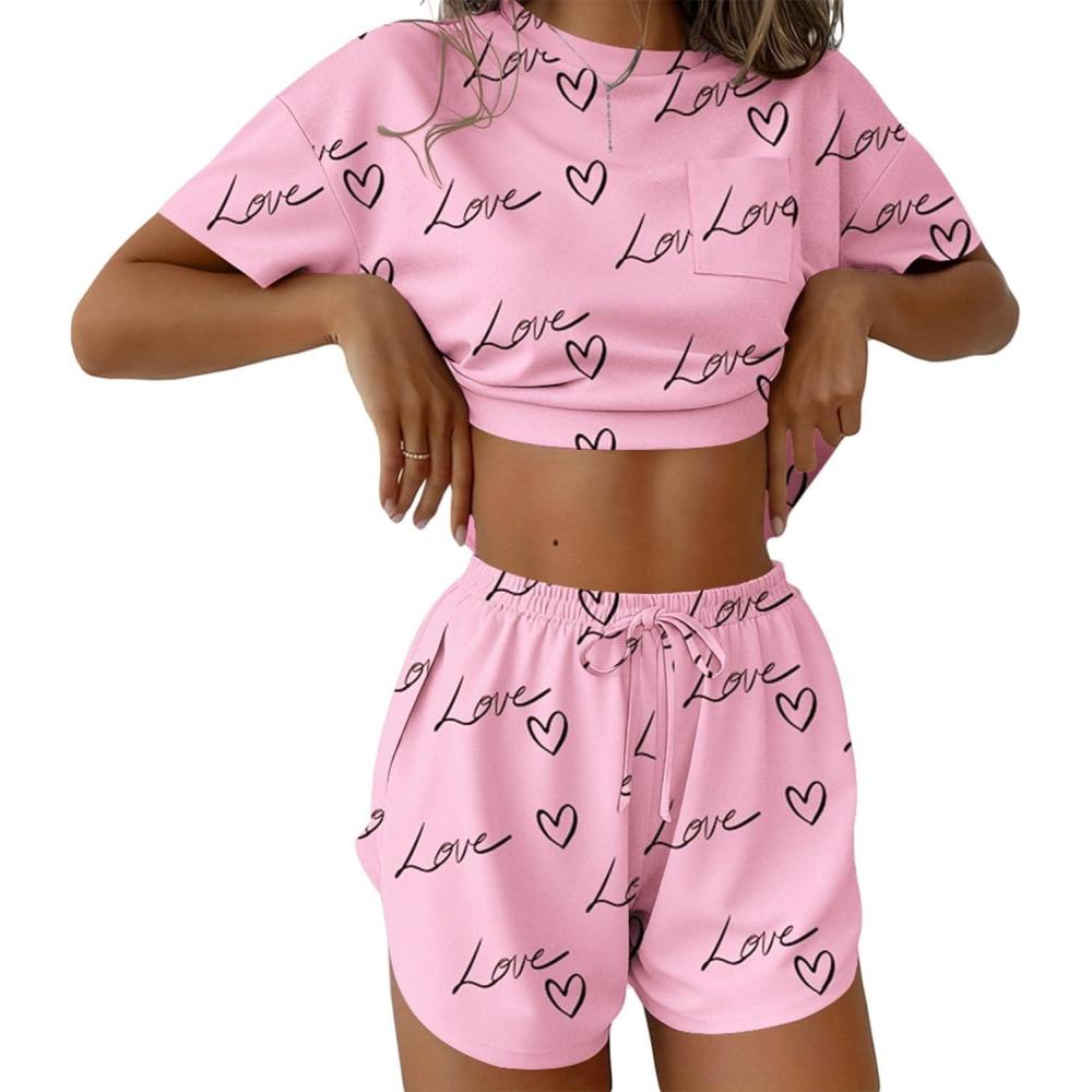 imageEkouaer Womens Pajama Sets Sexy Lounge Sets Side Split Short Pj Sets Cute Pjs 2 Piece Comfy Sleepwear LoungewearHeart and Love