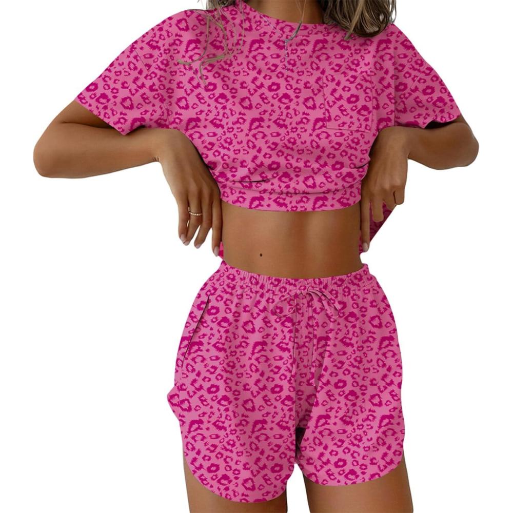 imageEkouaer Womens Pajama Sets Sexy Lounge Sets Side Split Short Pj Sets Cute Pjs 2 Piece Comfy Sleepwear LoungewearPink Leopard