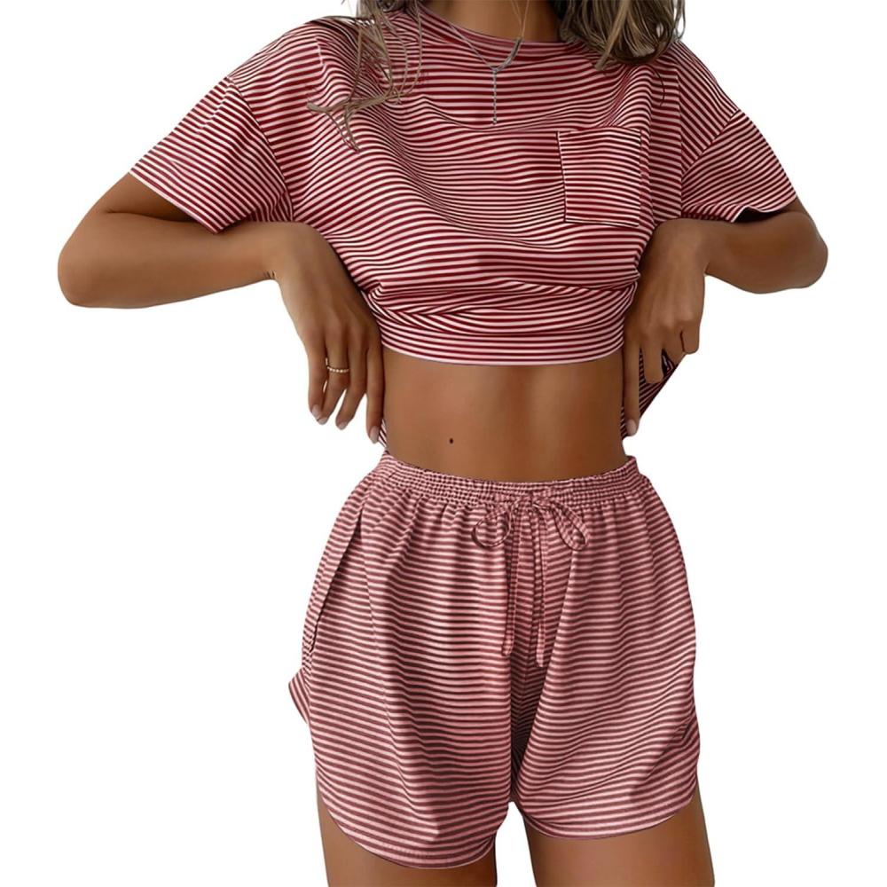 imageEkouaer Womens Pajama Sets Sexy Lounge Sets Side Split Short Pj Sets Cute Pjs 2 Piece Comfy Sleepwear LoungewearRed and White Stripes