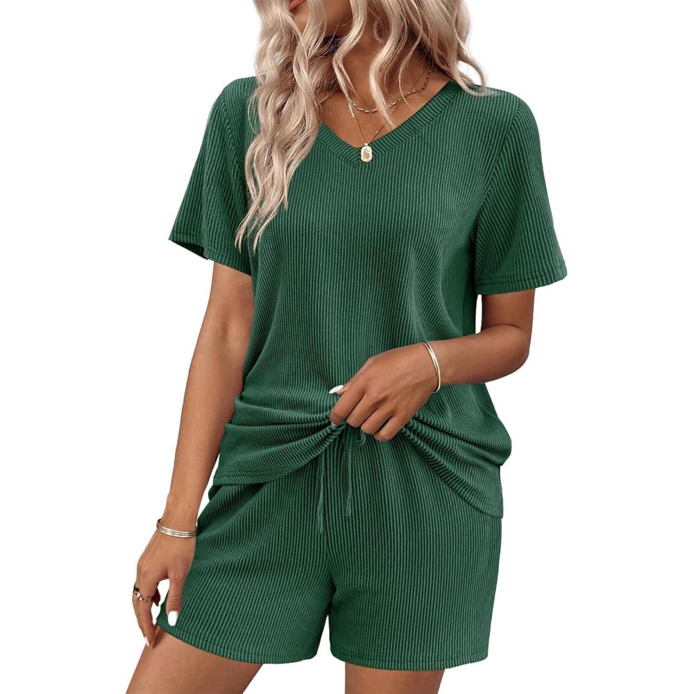 imageEkouaer Womens Pajama Sets Short Sleeve Knit Lounge Set 2 Piece Pj Sets for Women V Neck Casual LoungewearGreen