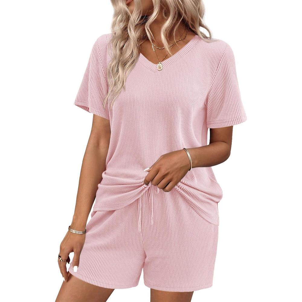 imageEkouaer Womens Pajama Sets Short Sleeve Knit Lounge Set 2 Piece Pj Sets for Women V Neck Casual LoungewearPink