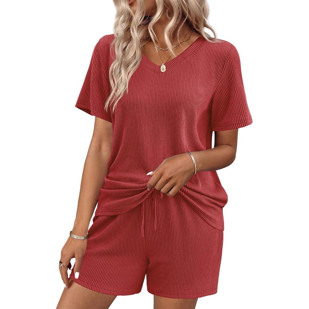 imageEkouaer Womens Pajama Sets Short Sleeve Knit Lounge Set 2 Piece Pj Sets for Women V Neck Casual LoungewearRed