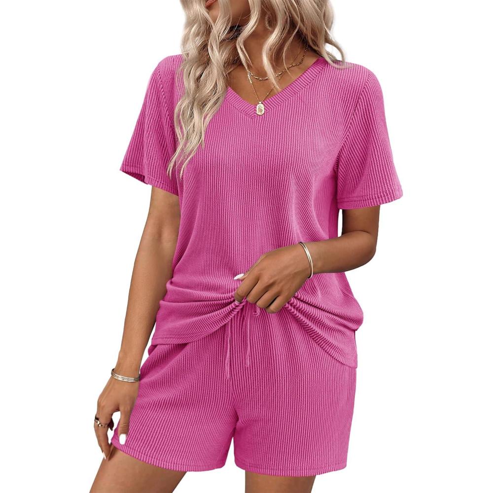 imageEkouaer Womens Pajama Sets Short Sleeve Knit Lounge Set 2 Piece Pj Sets for Women V Neck Casual LoungewearRose Red