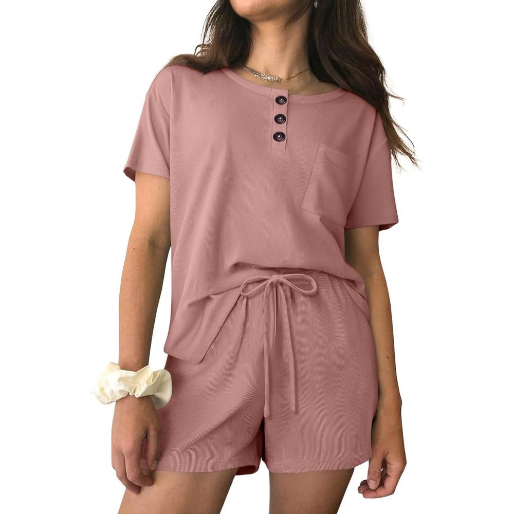 imageEkouaer Womens Pajama Sets Short Sleeve Ribbed Knit Pjs Soft Summer Sleepwear 2 Piece Lounge SetsDark Pink