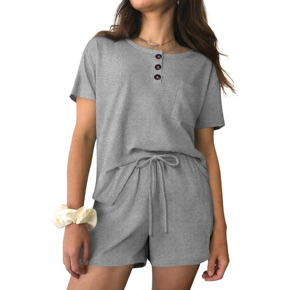 imageEkouaer Womens Pajama Sets Short Sleeve Ribbed Knit Pjs Soft Summer Sleepwear 2 Piece Lounge SetsGrey