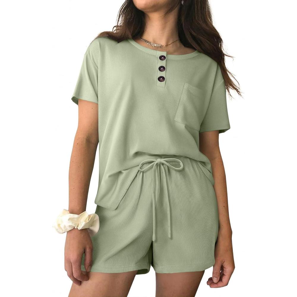 imageEkouaer Womens Pajama Sets Short Sleeve Ribbed Knit Pjs Soft Summer Sleepwear 2 Piece Lounge SetsLight Green