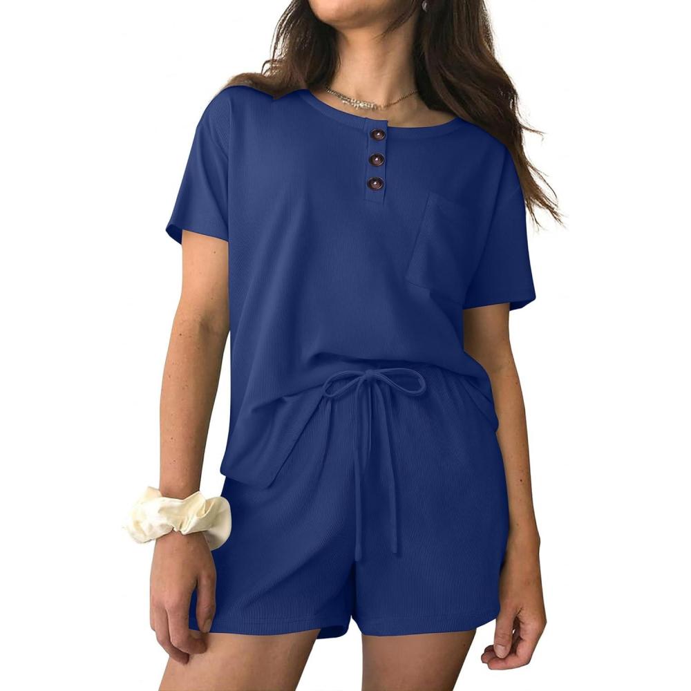 imageEkouaer Womens Pajama Sets Short Sleeve Ribbed Knit Pjs Soft Summer Sleepwear 2 Piece Lounge SetsNavy Blue