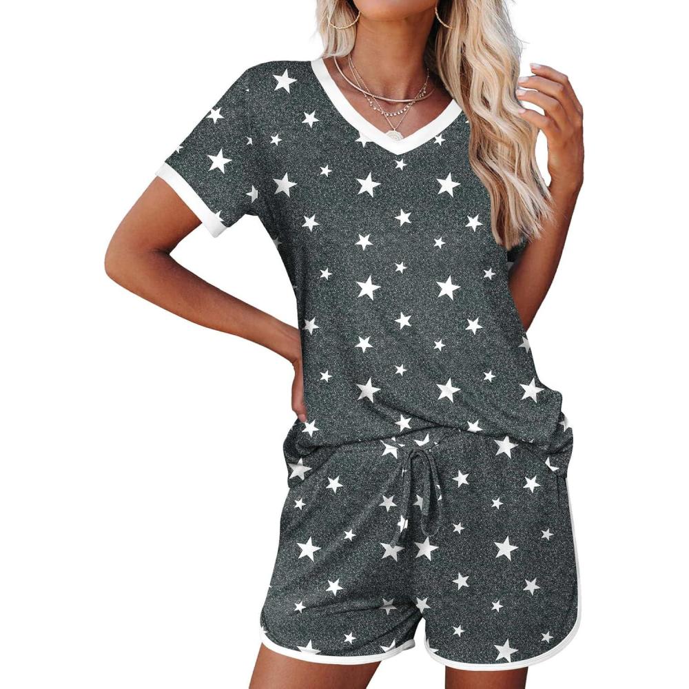 imageEkouaer Womens Pajama Short Sets Lounge Sets for Women 2 Piece Soft Pjs Set Casual V Neck Sleepwear with Pockets02 Drak Grey Star