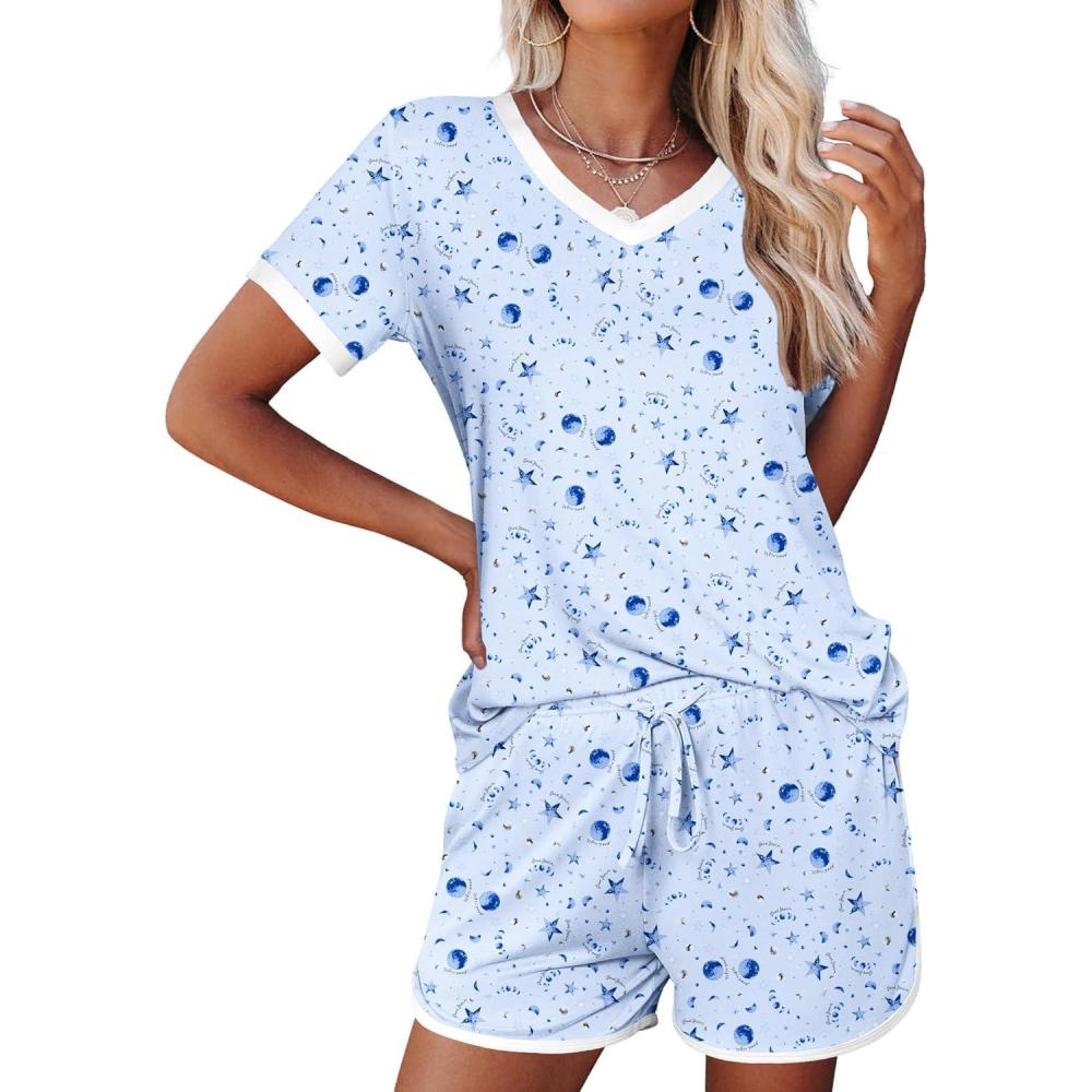 imageEkouaer Womens Pajama Short Sets Lounge Sets for Women 2 Piece Soft Pjs Set Casual V Neck Sleepwear with PocketsPlanet and Moon