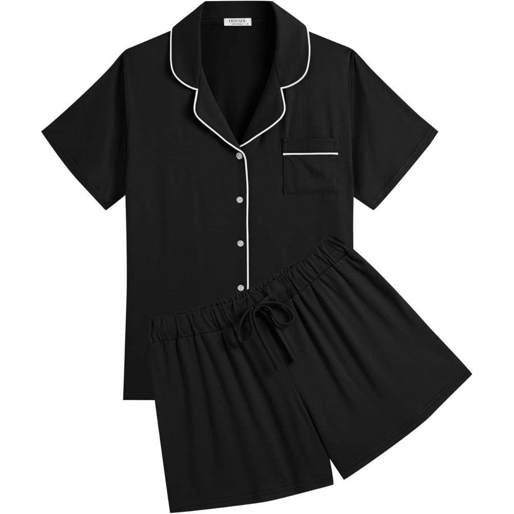 imageEkouaer Womens Pajamas Set Soft Classic Notch Collar Bride Pjs Comfy Short Sleeve Sleepwear LoungewearBlack