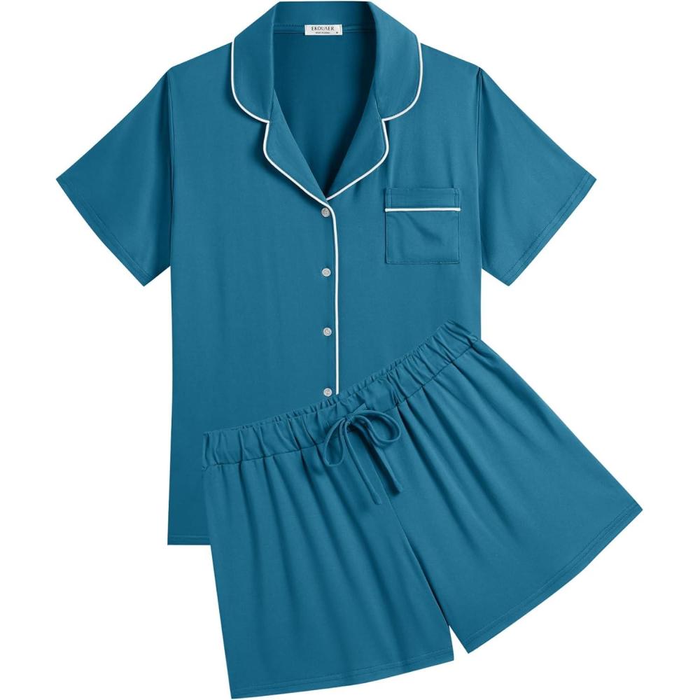 imageEkouaer Womens Pajamas Set Soft Classic Notch Collar Bride Pjs Comfy Short Sleeve Sleepwear LoungewearBluegreen