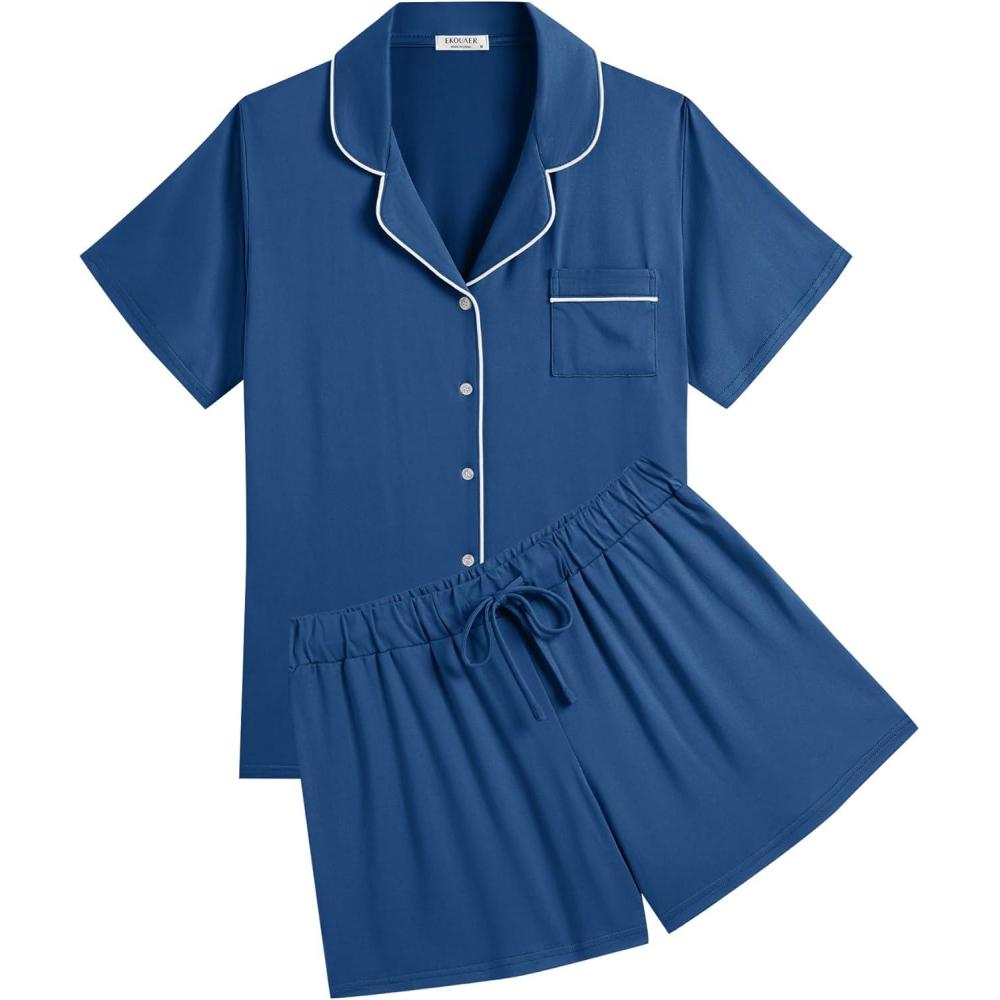 imageEkouaer Womens Pajamas Set Soft Classic Notch Collar Bride Pjs Comfy Short Sleeve Sleepwear LoungewearDark Blue