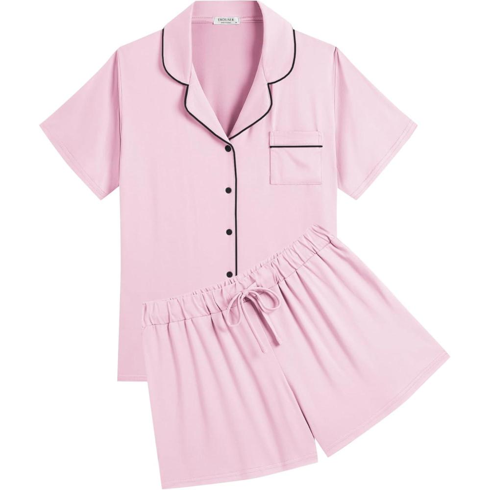 imageEkouaer Womens Pajamas Set Soft Classic Notch Collar Bride Pjs Comfy Short Sleeve Sleepwear LoungewearDark Pink
