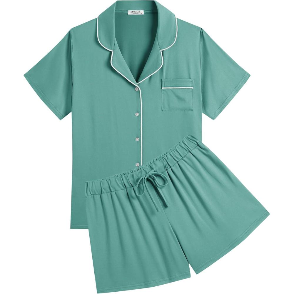 imageEkouaer Womens Pajamas Set Soft Classic Notch Collar Bride Pjs Comfy Short Sleeve Sleepwear LoungewearGray Green