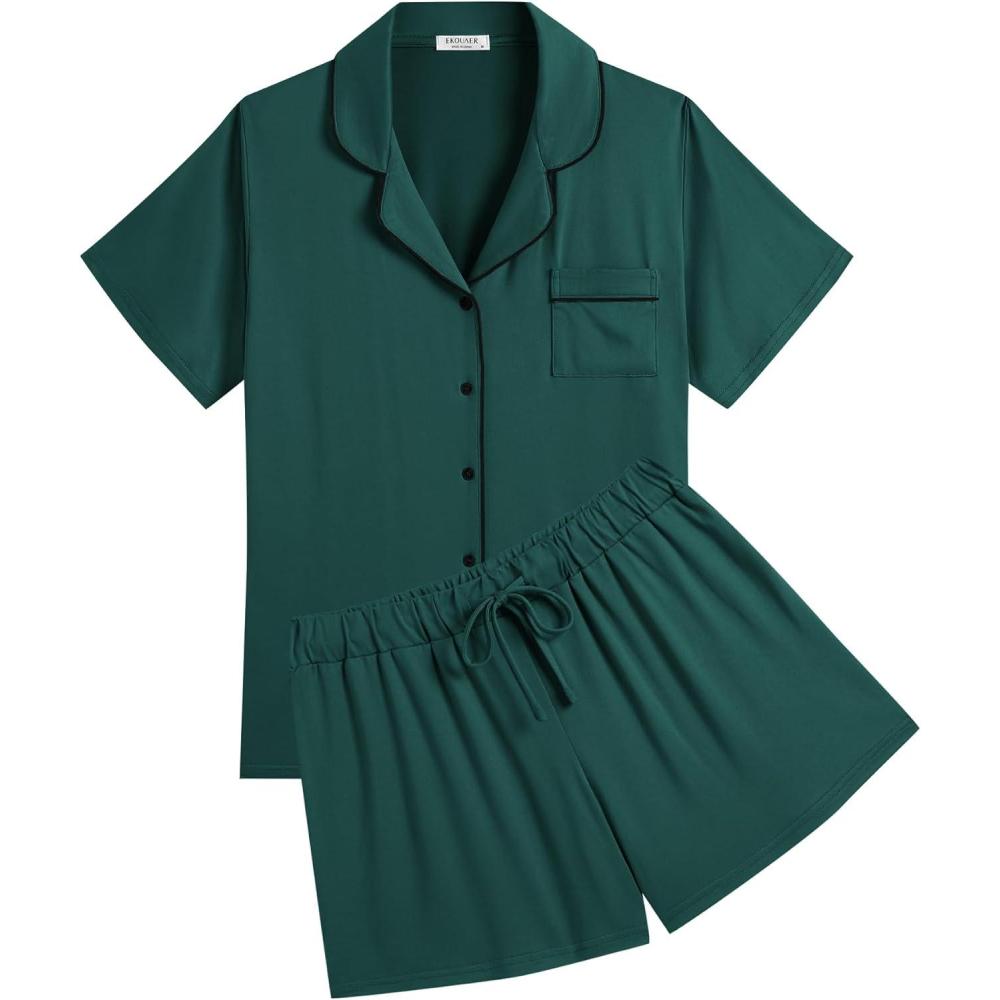 imageEkouaer Womens Pajamas Set Soft Classic Notch Collar Bride Pjs Comfy Short Sleeve Sleepwear LoungewearLake Green
