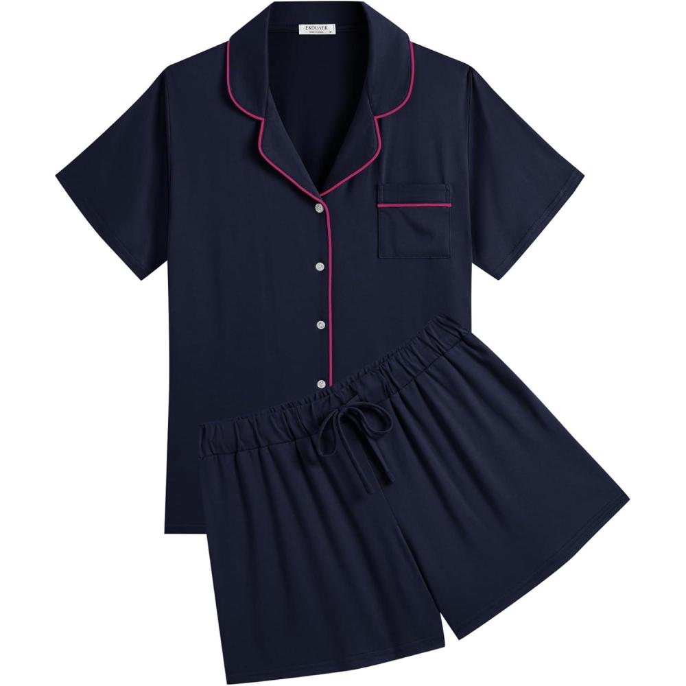 imageEkouaer Womens Pajamas Set Soft Classic Notch Collar Bride Pjs Comfy Short Sleeve Sleepwear LoungewearNavy Blue