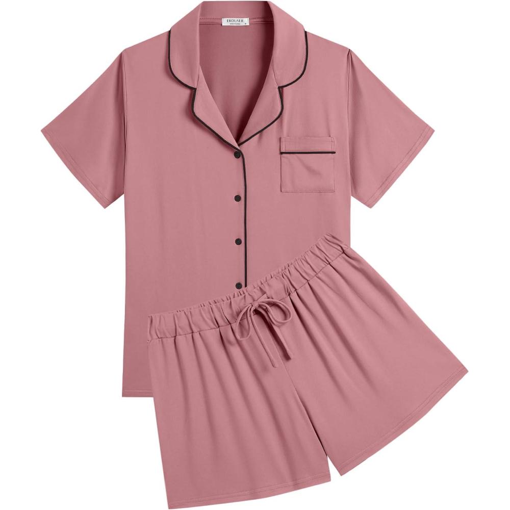 imageEkouaer Womens Pajamas Set Soft Classic Notch Collar Bride Pjs Comfy Short Sleeve Sleepwear LoungewearPale Violet Red