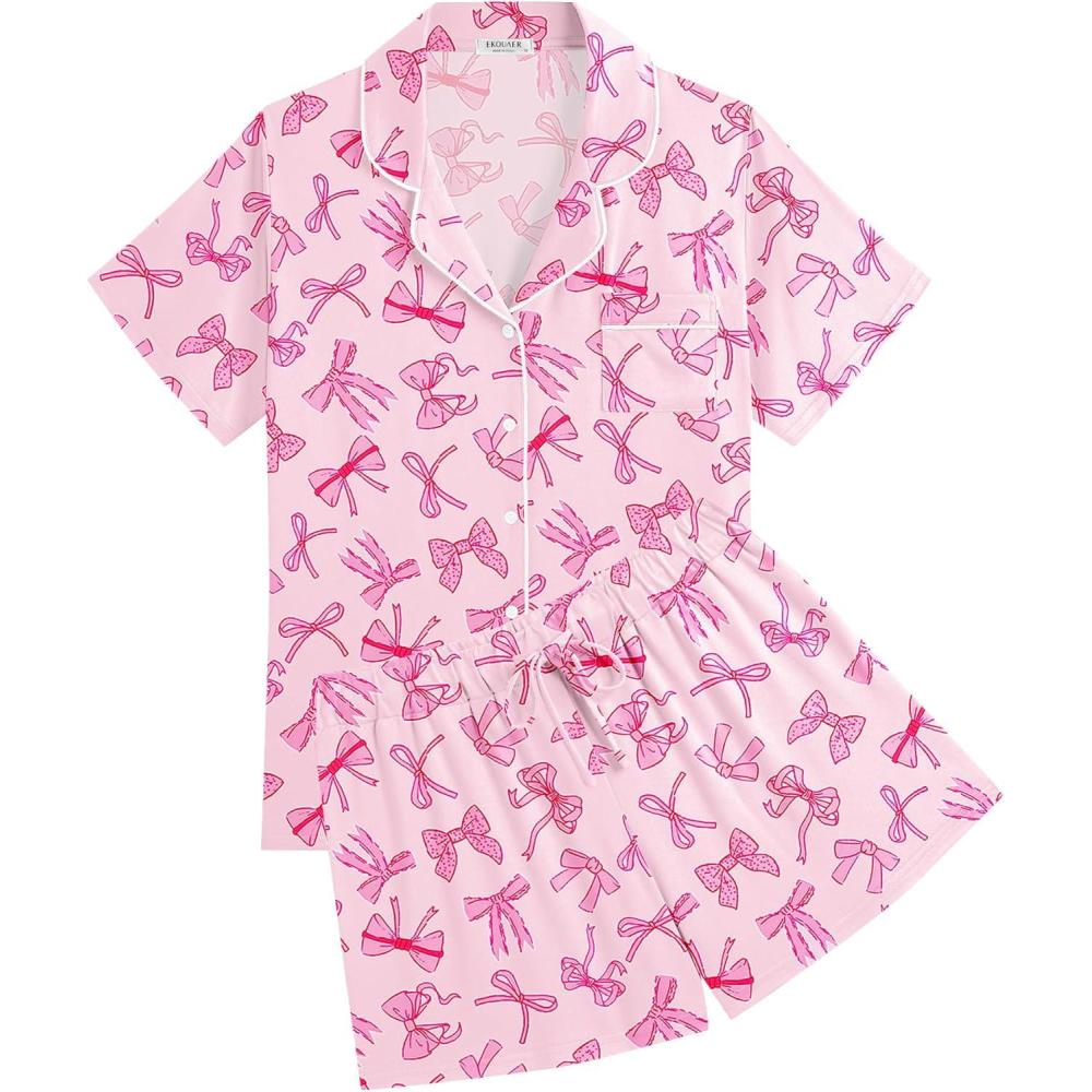 imageEkouaer Womens Pajamas Set Soft Classic Notch Collar Bride Pjs Comfy Short Sleeve Sleepwear LoungewearPink Bow