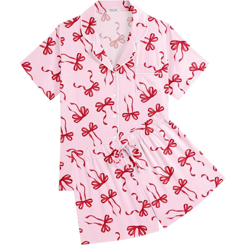imageEkouaer Womens Pajamas Set Soft Classic Notch Collar Bride Pjs Comfy Short Sleeve Sleepwear LoungewearRed Bow