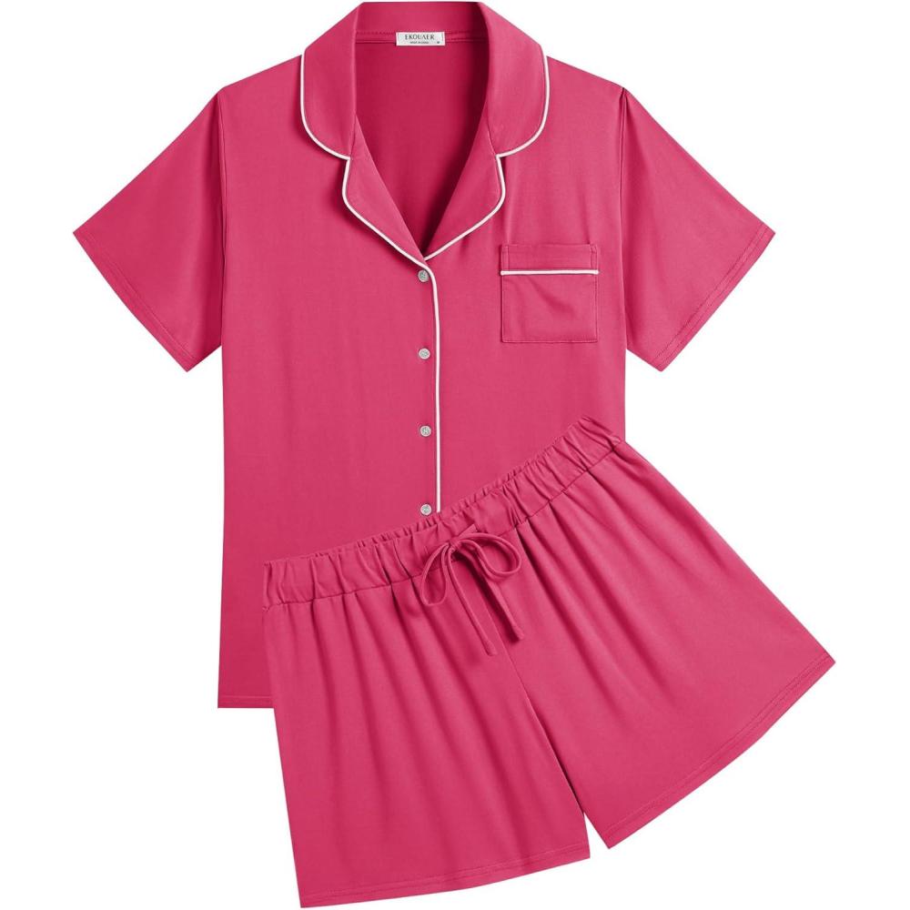imageEkouaer Womens Pajamas Set Soft Classic Notch Collar Bride Pjs Comfy Short Sleeve Sleepwear LoungewearRose Red