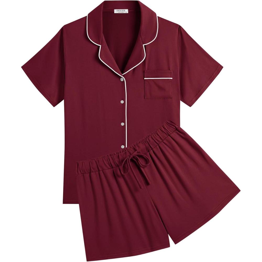 imageEkouaer Womens Pajamas Set Soft Classic Notch Collar Bride Pjs Comfy Short Sleeve Sleepwear LoungewearWine Red