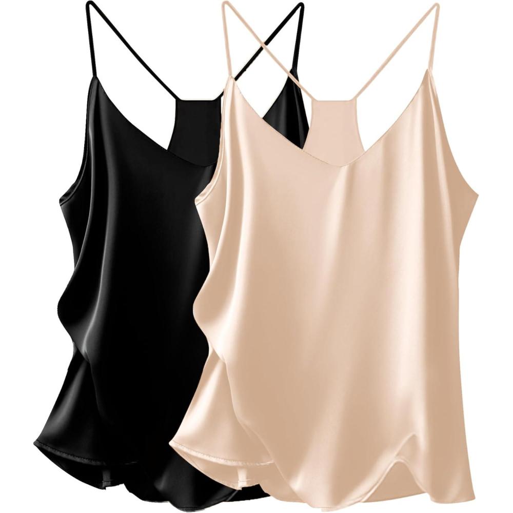 imageEkouaer Womens Satin Cami Tops 2 Pack V Neck Silk Camisole Tank Top Spaghetti Strap Racerback Camis Blouse ShirtBlackChampagne