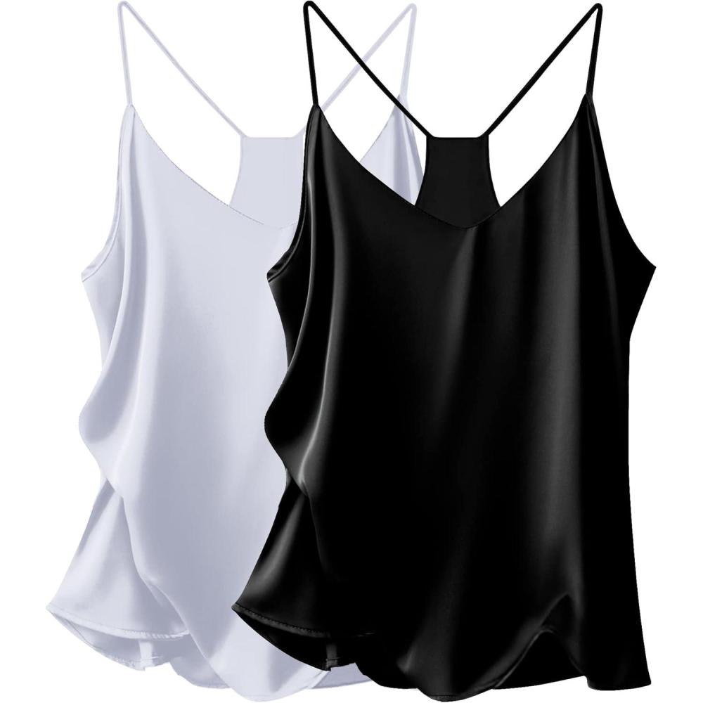 imageEkouaer Womens Satin Cami Tops 2 Pack V Neck Silk Camisole Tank Top Spaghetti Strap Racerback Camis Blouse ShirtBlackGrey