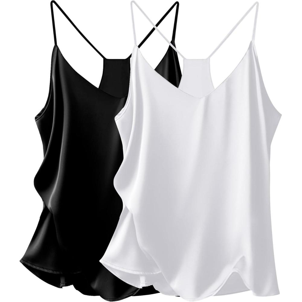 imageEkouaer Womens Satin Cami Tops 2 Pack V Neck Silk Camisole Tank Top Spaghetti Strap Racerback Camis Blouse ShirtBlackWhite